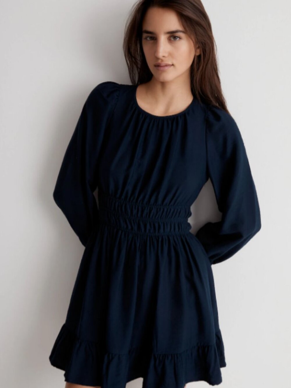 Madewell Navy Blue Long Sleeve Smocked Waist Mini Dress